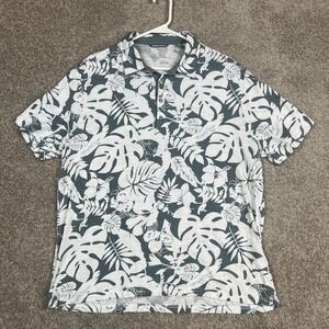 Michael Bastian Polo Shirt Mens Large Gray White Tropical Leaf Print‎ Cotton